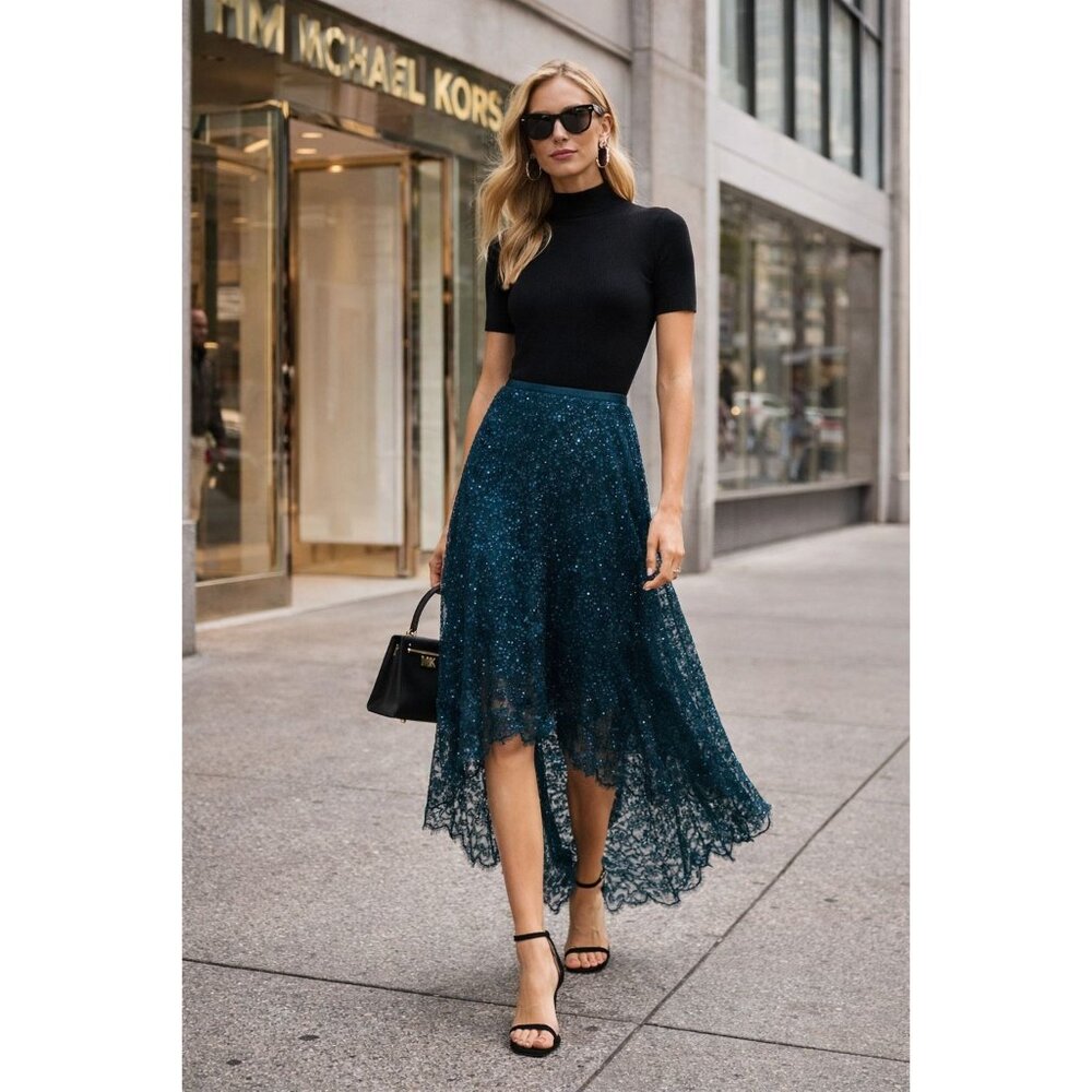NWT $2215 Michael Kors Collection Sequins Lace High Low Hem Maxi Skirt Peacock S